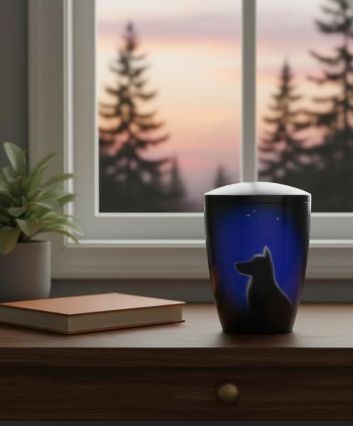 Dunkelblaue Tierurne mit Hund und Sternenhimmel-Silhouette. Ein beruhigendes, würdevolles Andenken für Ihren geliebten Schatz. Schaffen Sie einen stilvollen Gedenkort – jetzt kaufen.